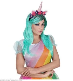 Eenhoorn Blauwgroene Pruik Met Bloemetjes Hoofdband -Toga Winkel wdm 2018 46942 3 1